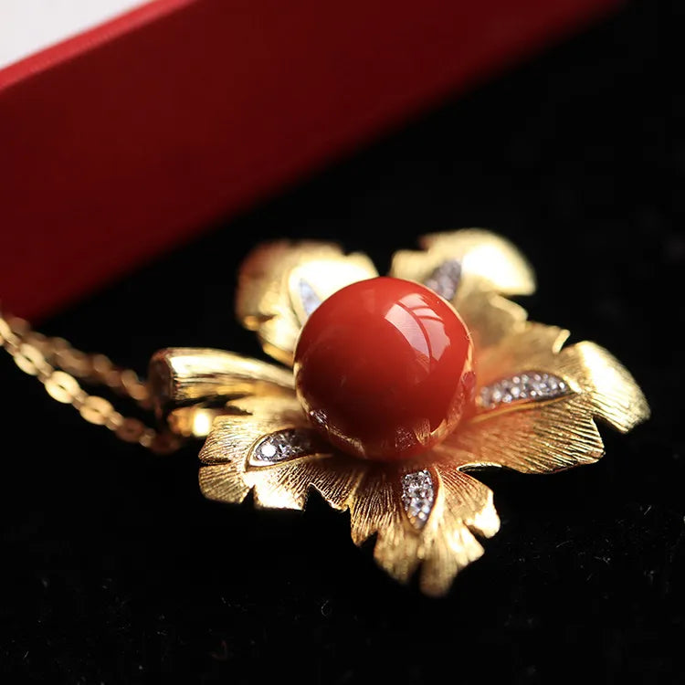 Maple Leaf Ball Red Agate Wholesale Unique Gold Plated Necklace Jewelry