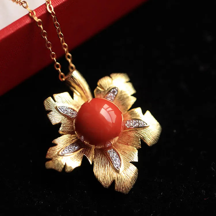 Maple Leaf Ball Red Agate Wholesale Unique Gold Plated Necklace Jewelry