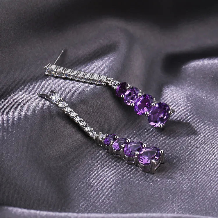 Purple Amethyst Rectangle Shakeable 24k Gold Plating 1046 Tassel Ladies Long Earrings