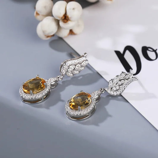 2022 Fashion 24K Platinum Gold Plating 1043 Silver Citrine Oval Chandelier Geometric Earrings