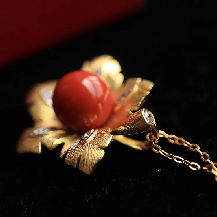 Maple Leaf Ball Red Agate Wholesale Unique Gold Plated Necklace Jewelry